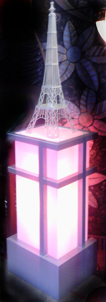Art Deco light plinth (white perspex , lights up w plug can be red, green, yellow or white) ( 1 m x 0.45 x 0.5) (Eiffel tower hired separately)